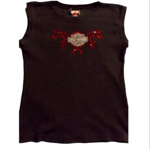 HARLEY DAVIDSON Women's Black w/Red BLING Top💎Fits like Small,tag says Large.